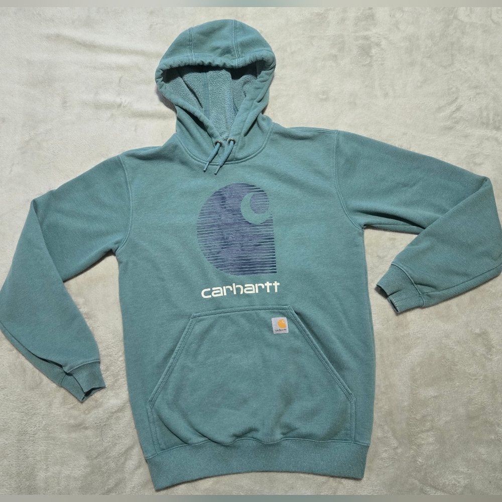 Carhartt Rain Defender Mens Teal Hoodie with Logo Hooded Sweatshirt Size Small - Picture 2 of 6